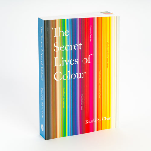 The cover of the book 'The Secret Lives of Colour' by Kassia St. Clair, featuring vertical stripes in various colors.