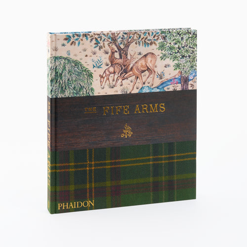 A hardcover book titled 'The Fife Arms' by Dominic Bradbury, featuring a deer and landscape illustration on the cover with a tartan pattern at the bottom.