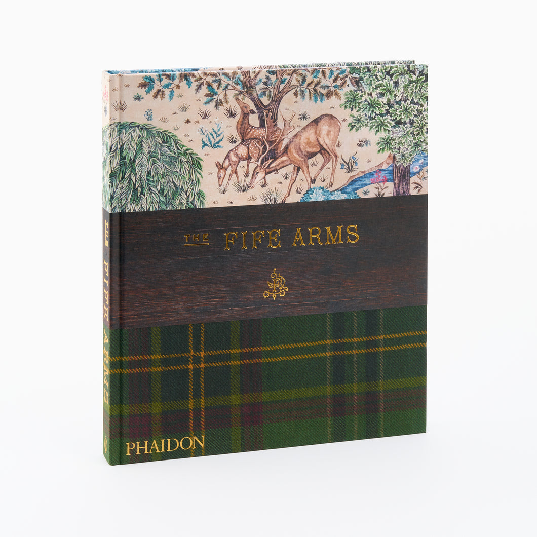 A hardcover book titled 'The Fife Arms' by Dominic Bradbury, featuring a deer and landscape illustration on the cover with a tartan pattern at the bottom.