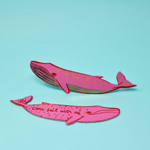 Load image into Gallery viewer, bright pink leather whale bookmark with stars and the words &#39;come sail with me&#39;

