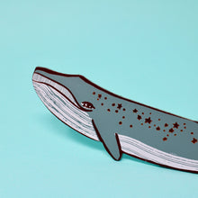Load image into Gallery viewer, grey leather whale bookmark with stars and the words &#39;come sail with me&#39;
