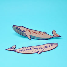 Load image into Gallery viewer, pale pink leather whale bookmark with stars and the words &#39;come sail with m
